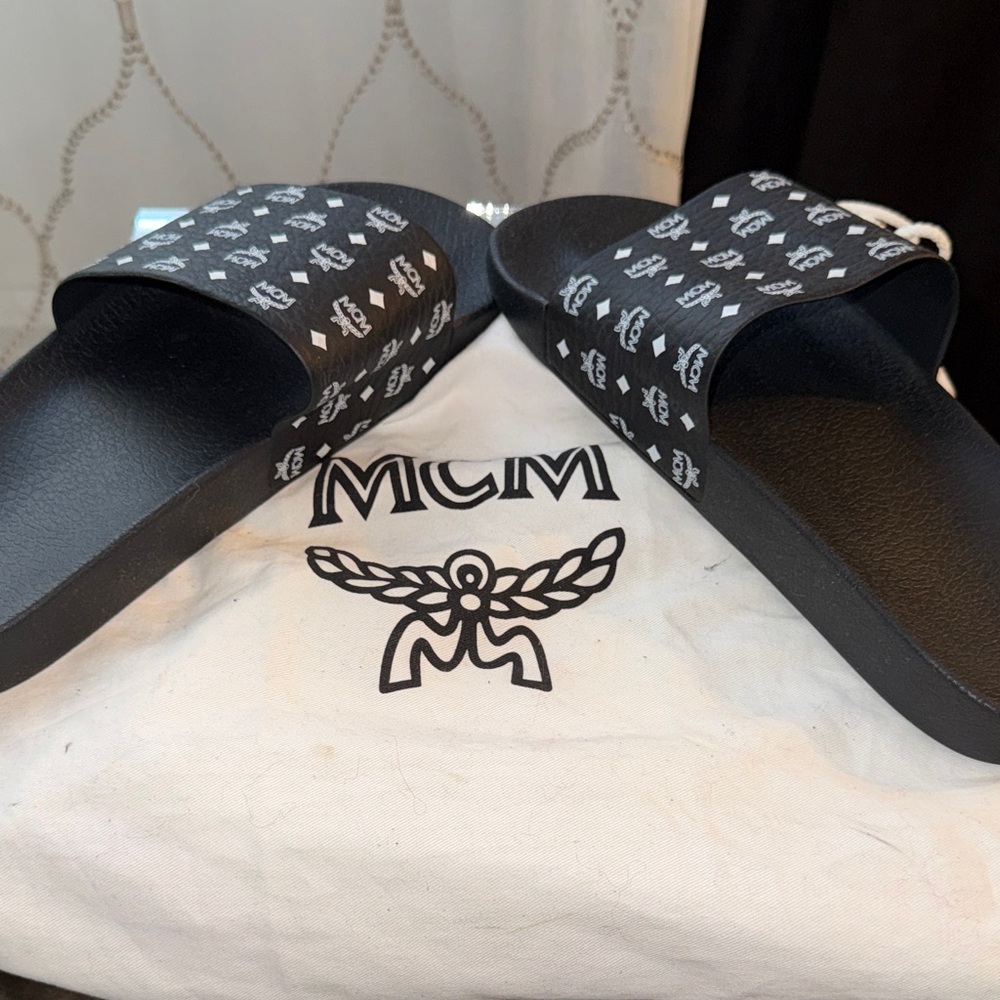 MCM Black Monogram Slide Sandals